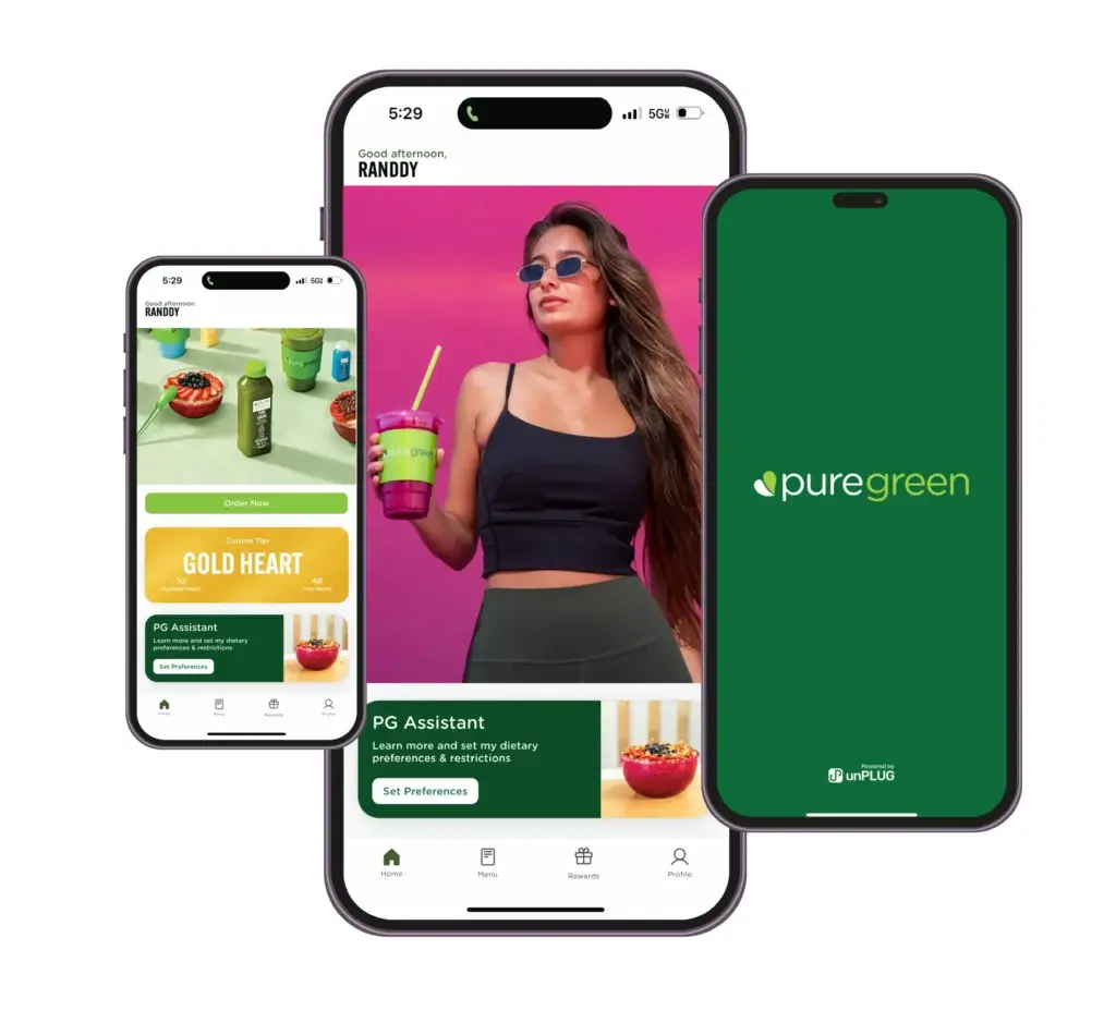 Pure Green app displayed on three phones.