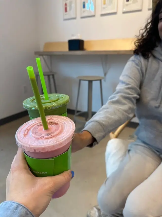 Two Pure Green Dean Street smoothies at the window bar